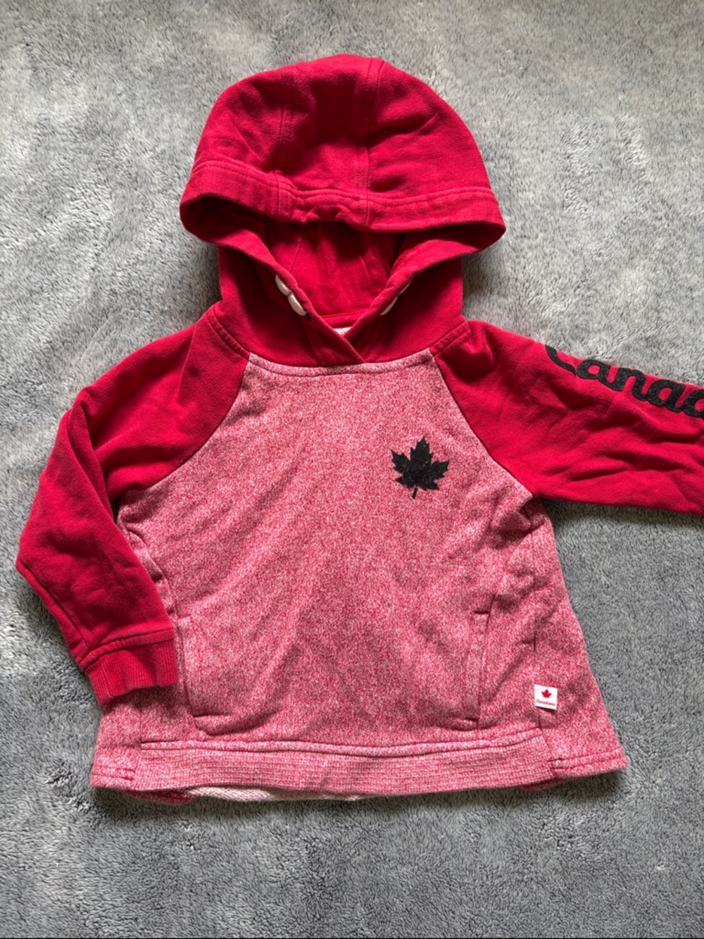 Canadiana Red 2T Girls Hooded Sweatshirt with Maple Leaf and Cute Reverse Pleat